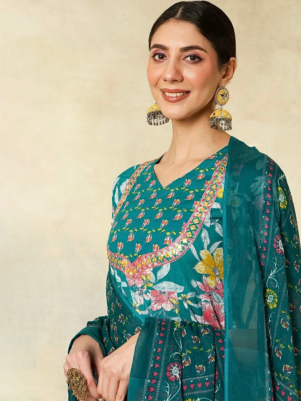 Pure Cotton Kurti Set with Embroidery & Printed Dupatta