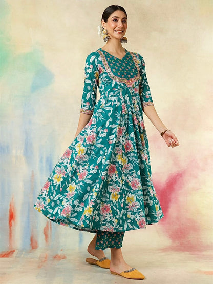 Pure Cotton Kurti Set with Embroidery & Printed Dupatta