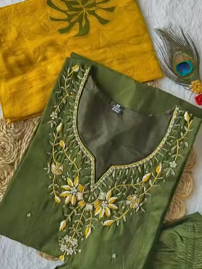 Mahendi Roman Silk Kurti Pant Dupatta Set