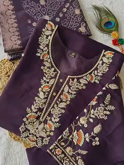 Dark Purple Roman Silk Kurti Pant Dupatta Set