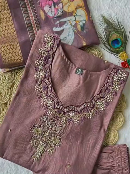 Burgundy Roman Silk Kurti Pant Dupatta Set