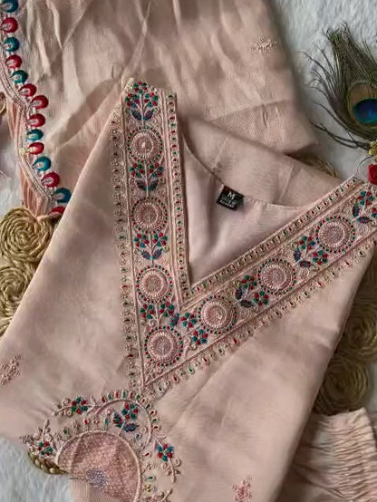 Light Peach Roman Silk Kurti Set