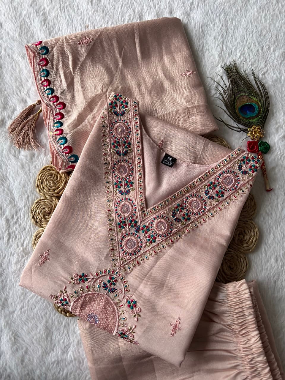 Light Peach Roman Silk Kurti Set