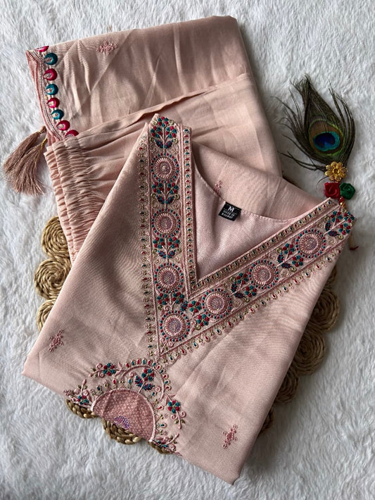 Light Peach Roman Silk Kurti Set