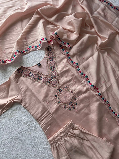 Light Peach Roman Silk Kurti Set