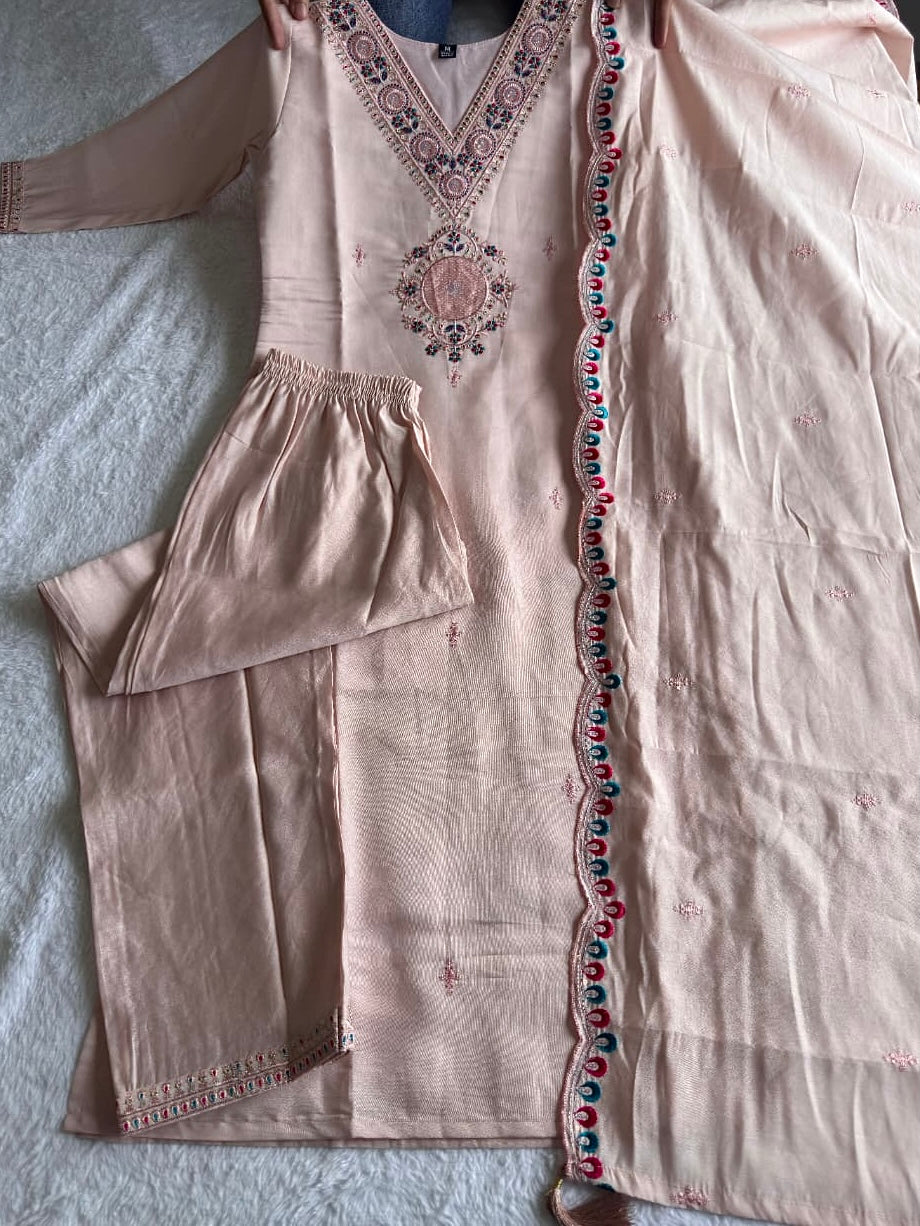 Light Peach Roman Silk Kurti Set