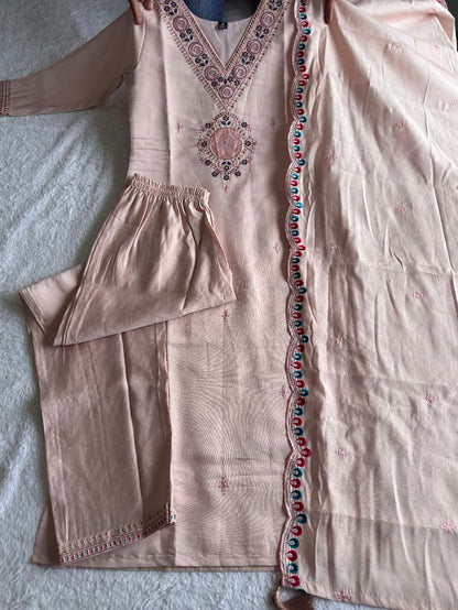 Light Peach Roman Silk Kurti Set