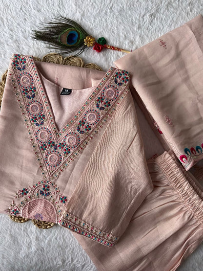 Light Peach Roman Silk Kurti Set