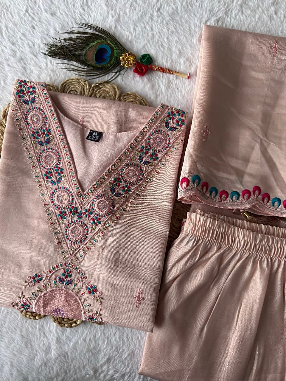Light Peach Roman Silk Kurti Set